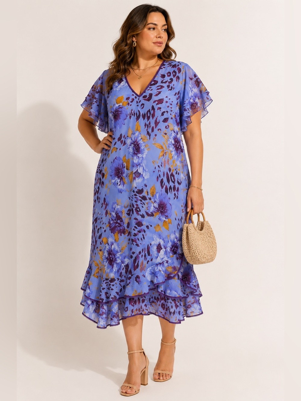 Sensara Floral Leopard Print Flutter Sleeve Midi Dress 1X